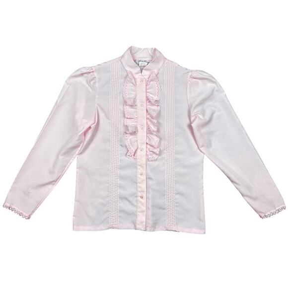 Vintage Tops - Vintage 70's Lucky Winner Light Pink Ruffle Puff Sleeve Top 14 Button Up Blouse
